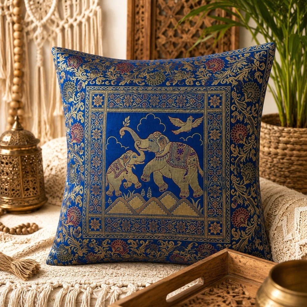 Blue Elephant Brocade Jacquard Pillow Covers 16x16 Boho Indian Decor